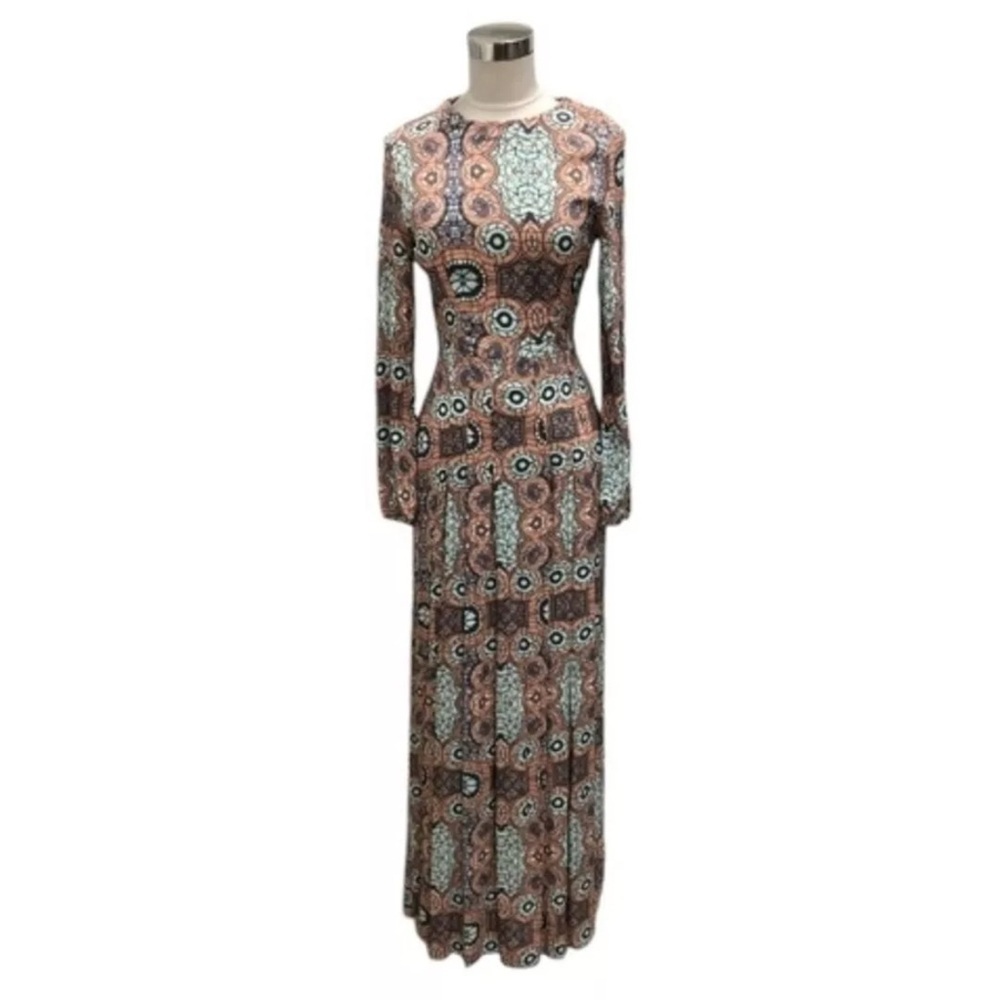 H&M Long Sleeve Maxi Dress in Rust, Teal & Black Pattern